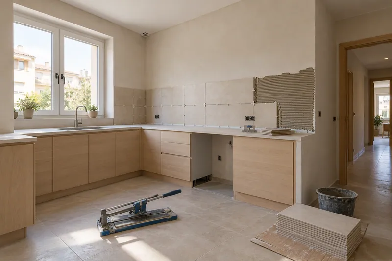 Visualización conceptual IA: Colocación de azulejos con separadores y adhesivo sobre una pared de cocina.