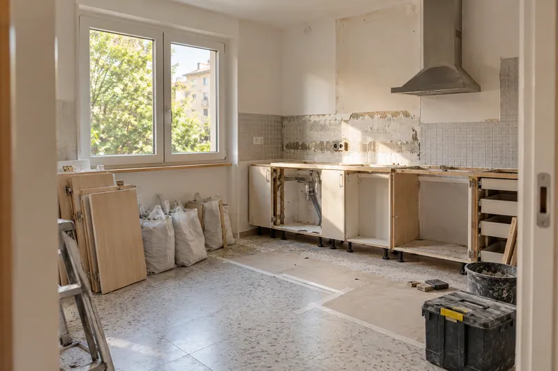 Visualización conceptual IA: Retirada de muebles y revestimientos al comienzo de una reforma de cocina.