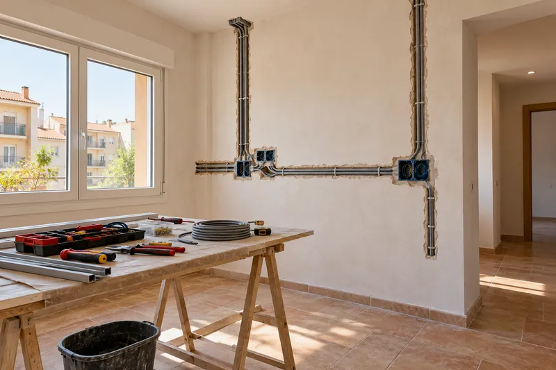Visualización conceptual IA: Canalizaciones y cajas eléctricas durante la preparación de una cocina.