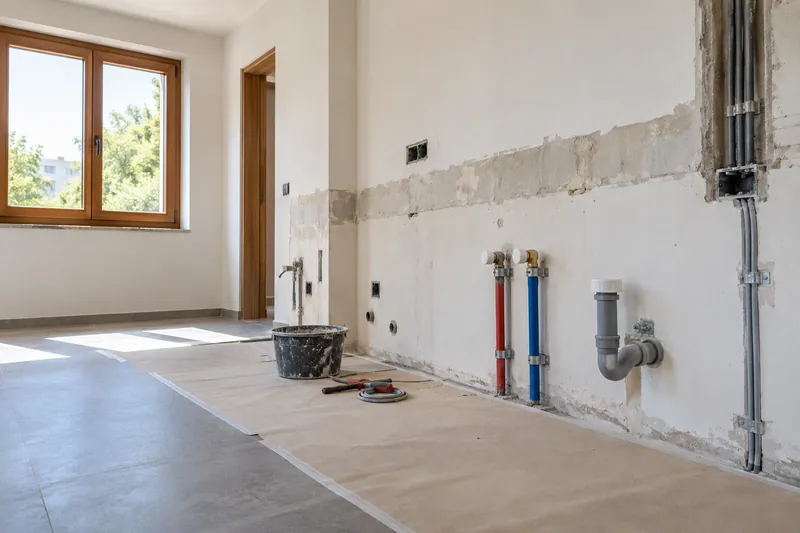 Visualización conceptual IA: Tuberías de suministro y desagüe durante la renovación de una cocina.