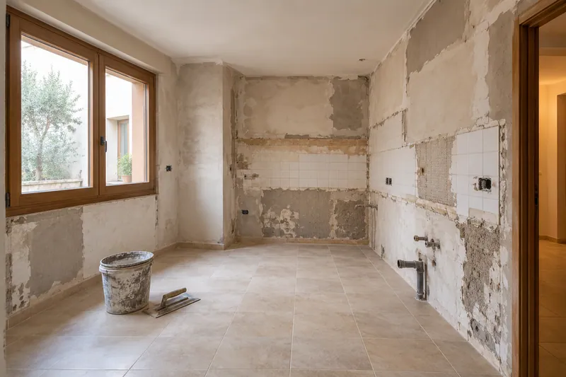 Visualización conceptual IA: Cocina sin muebles con paredes en preparación y zonas de enlucido.